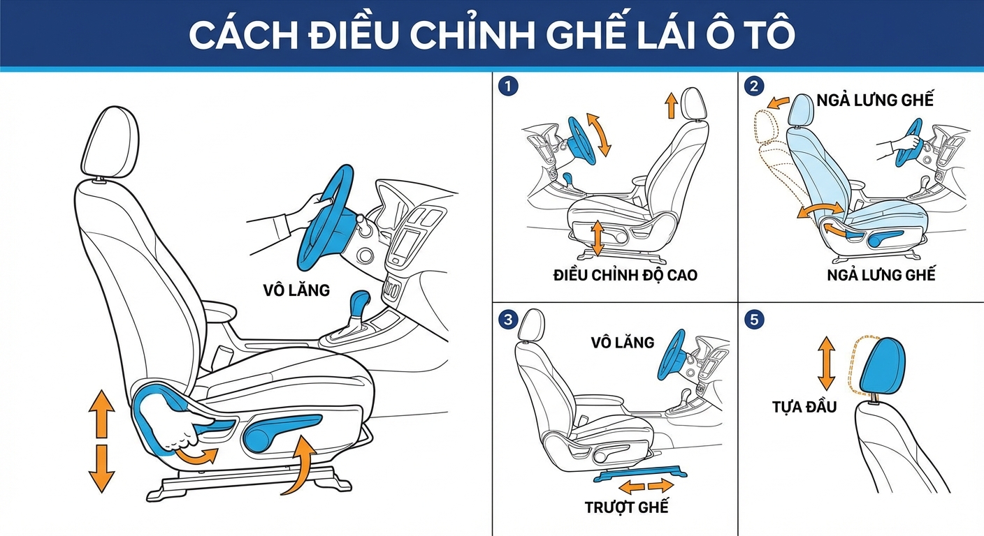 Hướng Dẫn Cách Điều Chỉnh Ghế Lái Ô Tô Chuẩn Nhất Cho Người Mới (Chi Tiết 6 Bước)